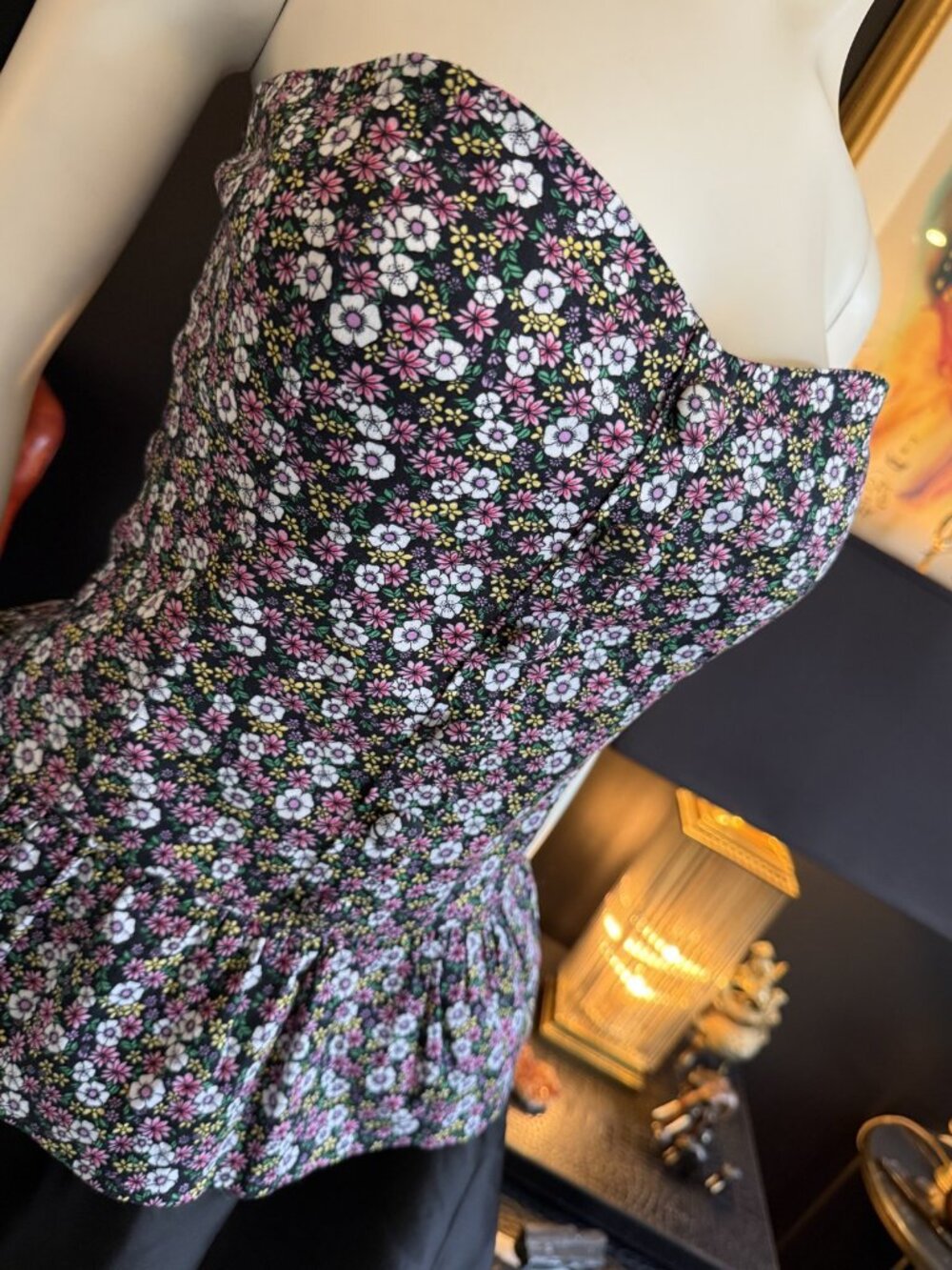 Say What? Black Ditsy Floral Smocked Bustier Top M